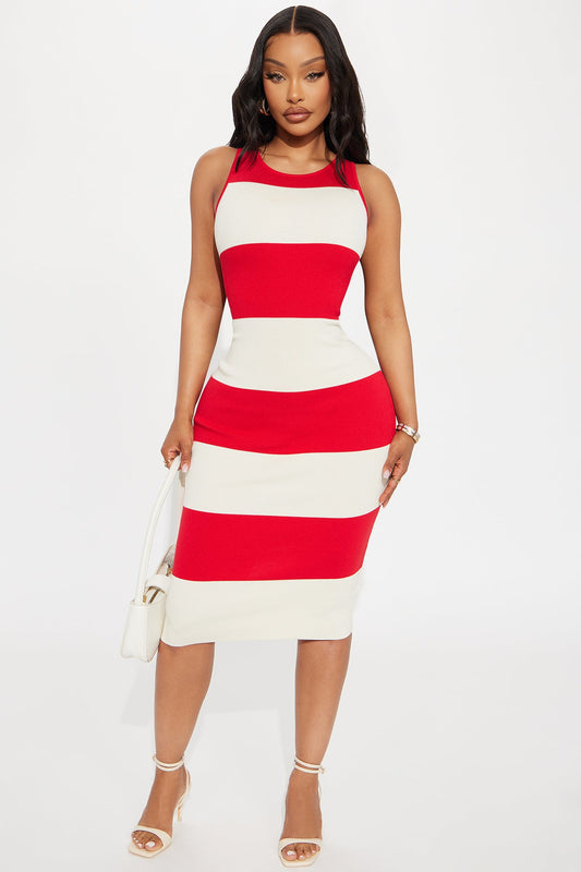 Cruise Attire Striped Sweater Midi Dress - Red/combo