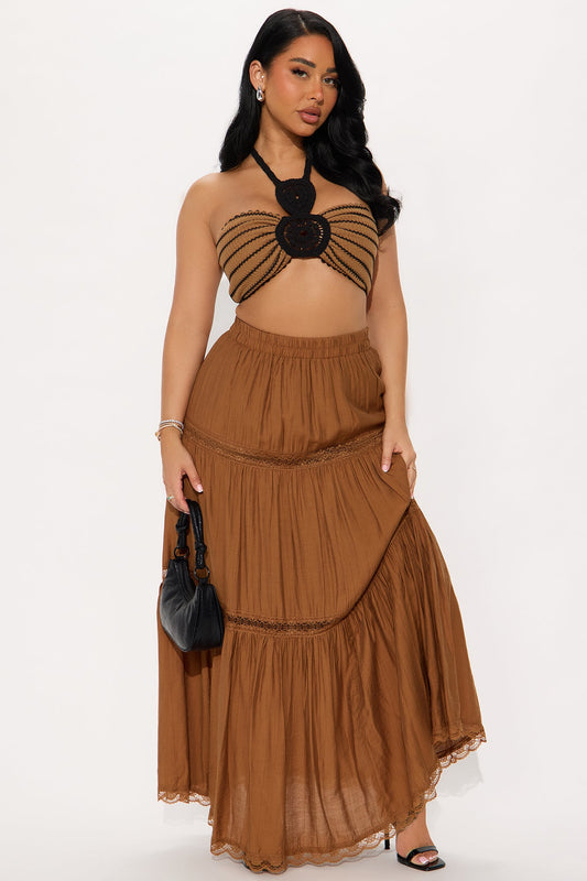Elsa Striped Crochet Halter Top - Mocha/combo