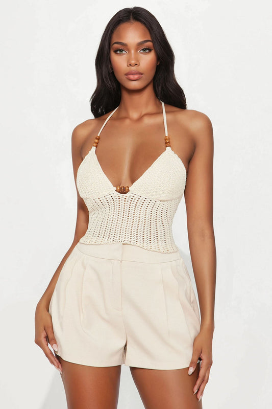 Living In Tan Lines Crochet Halter Top - Cream